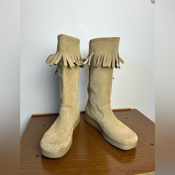 VTG Y2k Report Dubai Tan Suede Genuine leather Shoes Fringe platform Size 9 Wome - Picture 1 of 16